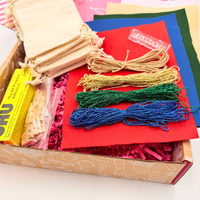 Box containing colorful threads and fabric, likely for a craft or sewing kit.