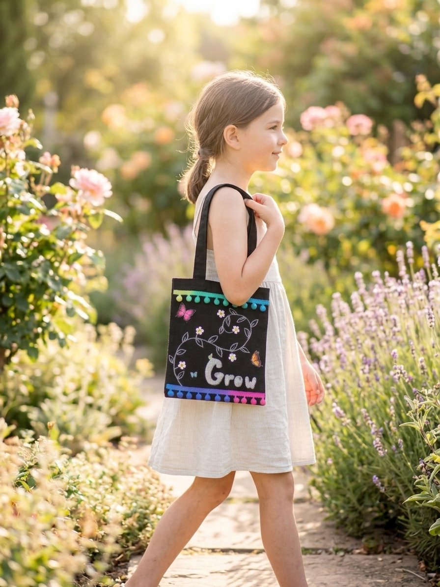 A Little Maker in the garden with the Grow tote bag she decorated herself