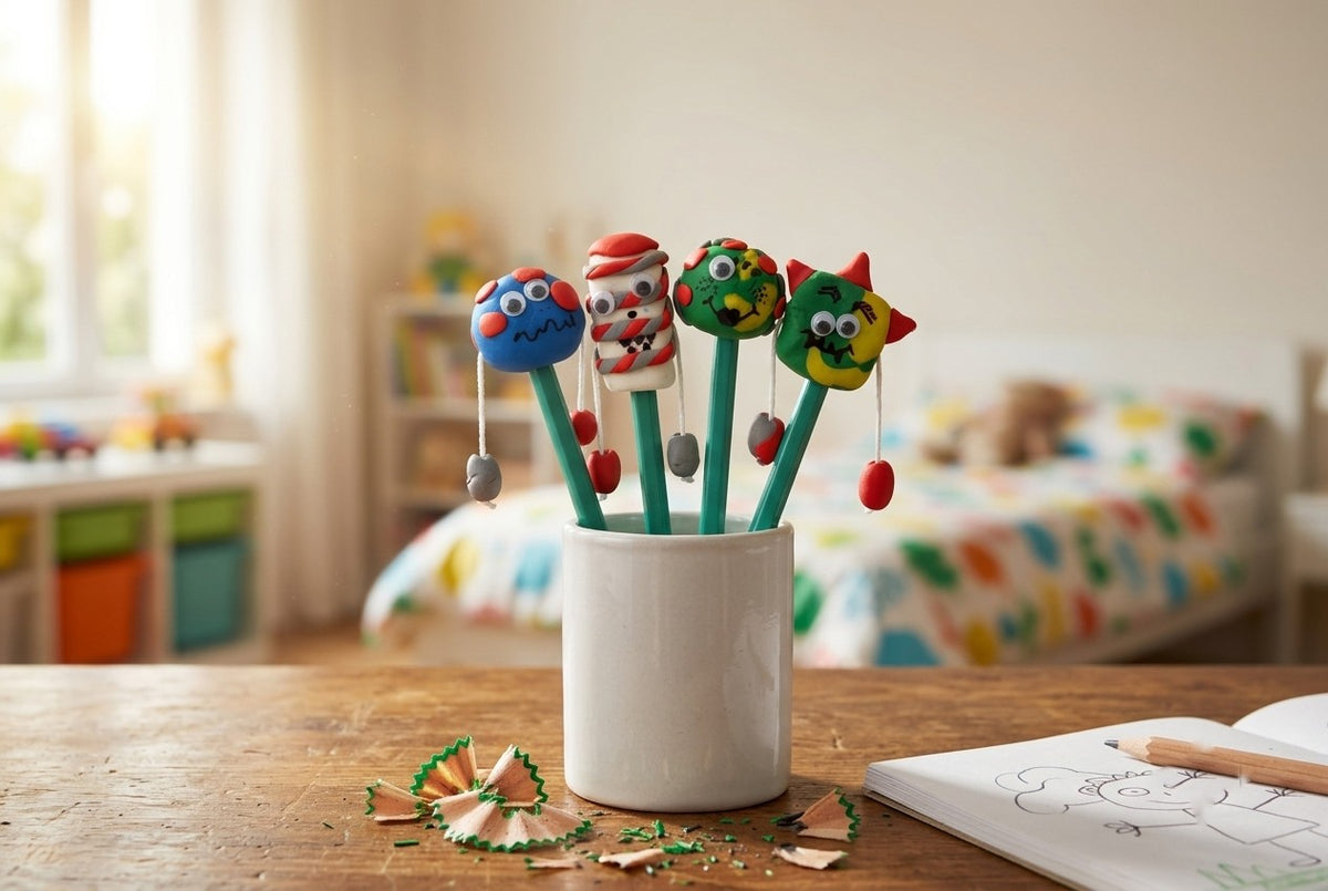 Finished clay monster pencil toppers in a pot on a child’s desk